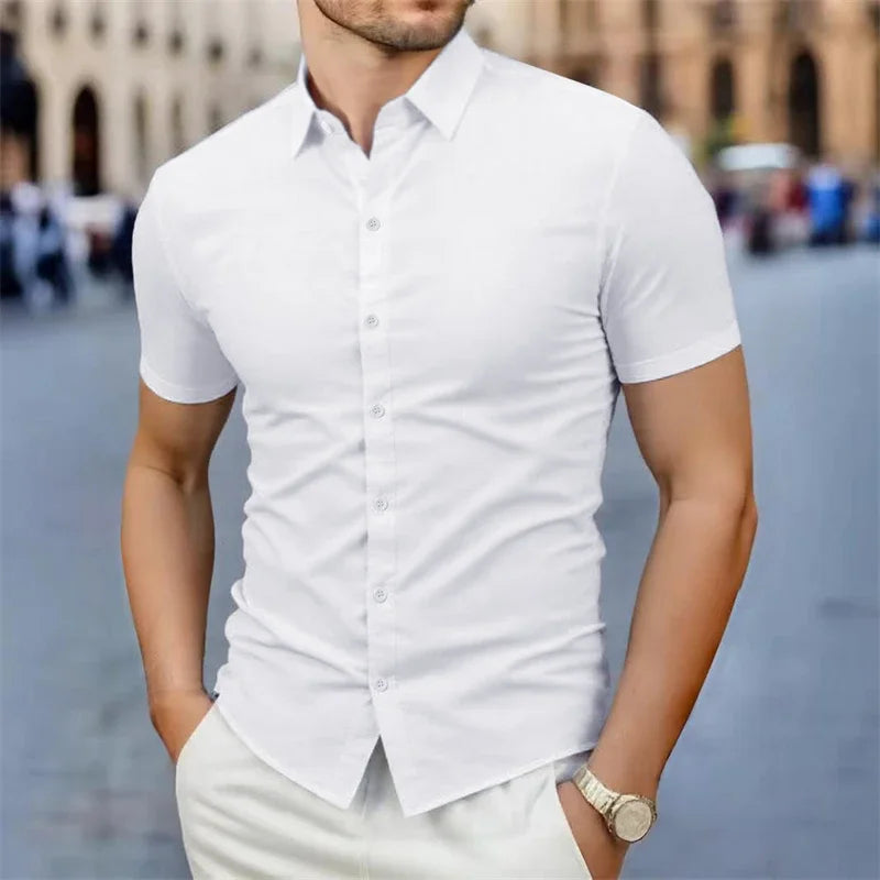 New Men's Business Casual Solid Color Short Sleeved Shirt for Summer Fashion No Ironing Comfortable and Versatile Top