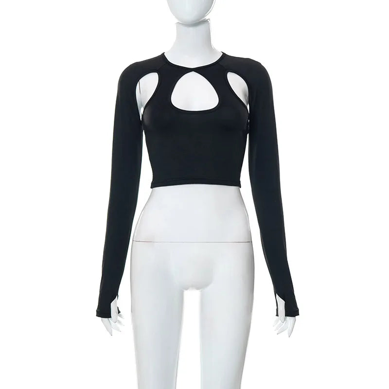 2023 Summer Long Sleeve Cropped Women Top Sexy Aesthetic Club O Neck Fairy Grunge Black Women's top