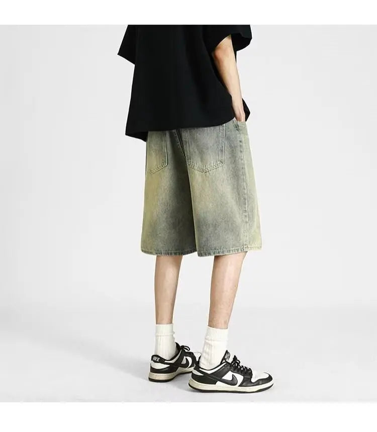 denim shorts, men's 2025 summer thin style retro loose American fashion brand casual five inch mid length pants