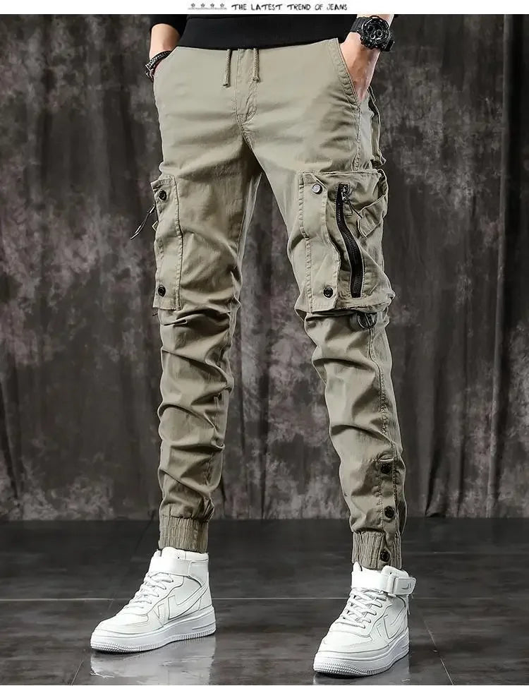 Trendy Men's Spring Autumn Cargo Pants Slim Fit Casual Style Loose Fit American Style Multiple Pocket Small Foot Pants Black