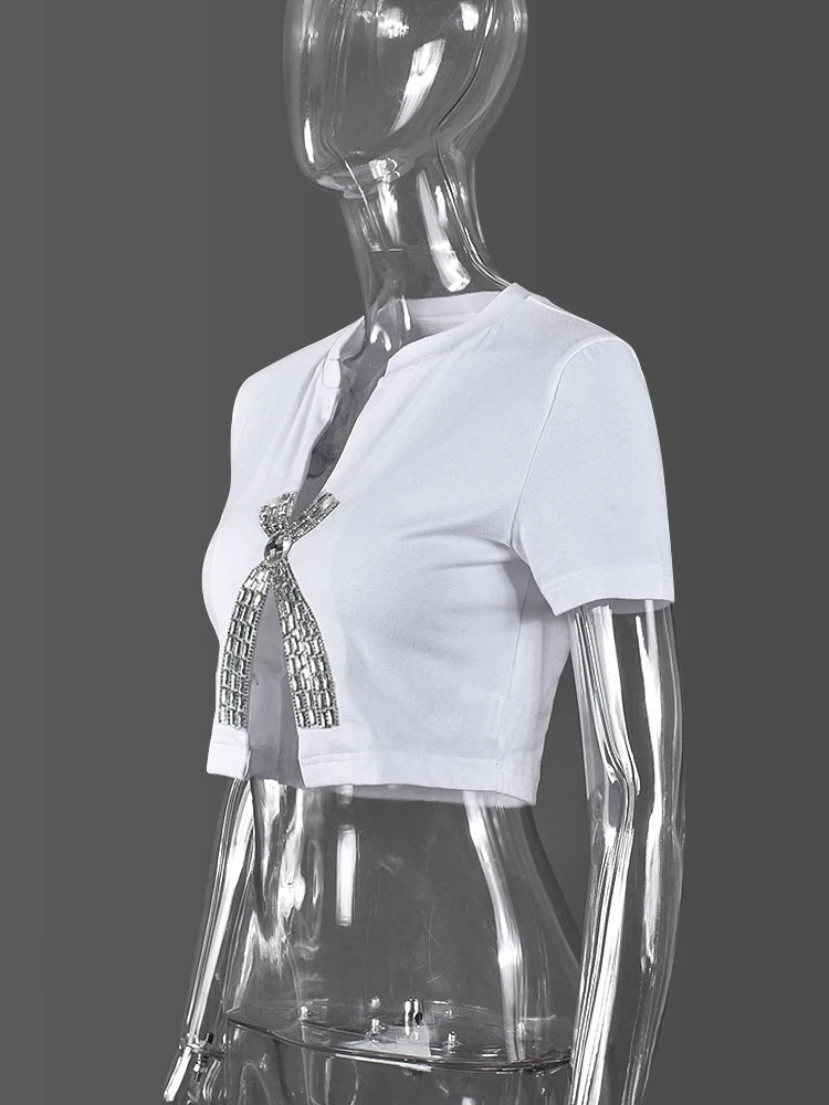 Weird Puss Open Split Women Tees Rhinestone Decoration Low Neck Slim Mini Wild Tops Sexy Hot Girls Nightout High Street Clubwear