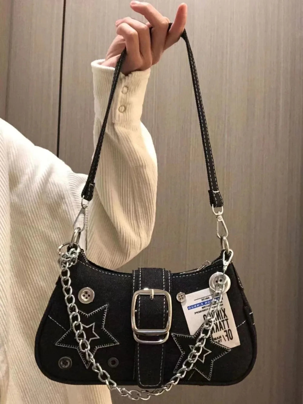 Y2K Canvas Chain Shoulder Bag jeans Stars Pattern Underarm Bag Women's Handbag for Woman Girls