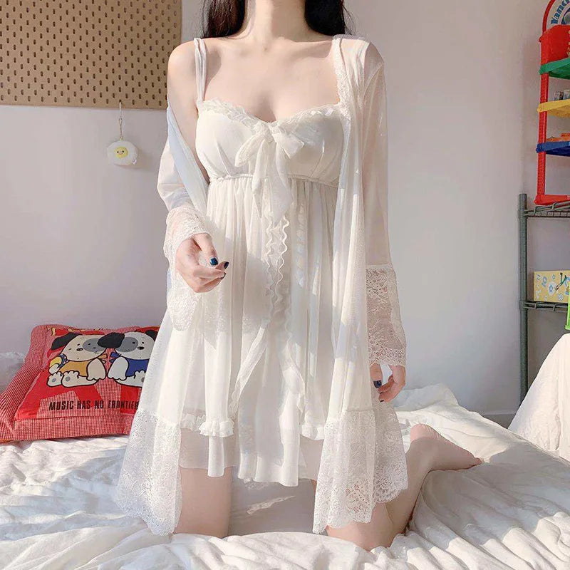 Summer Sexy Pajamas with Breast Pads Female Lace Pajamas Robe Gown Set Sexy Sleepwear White Lace Night Gown  Lingerie for Women