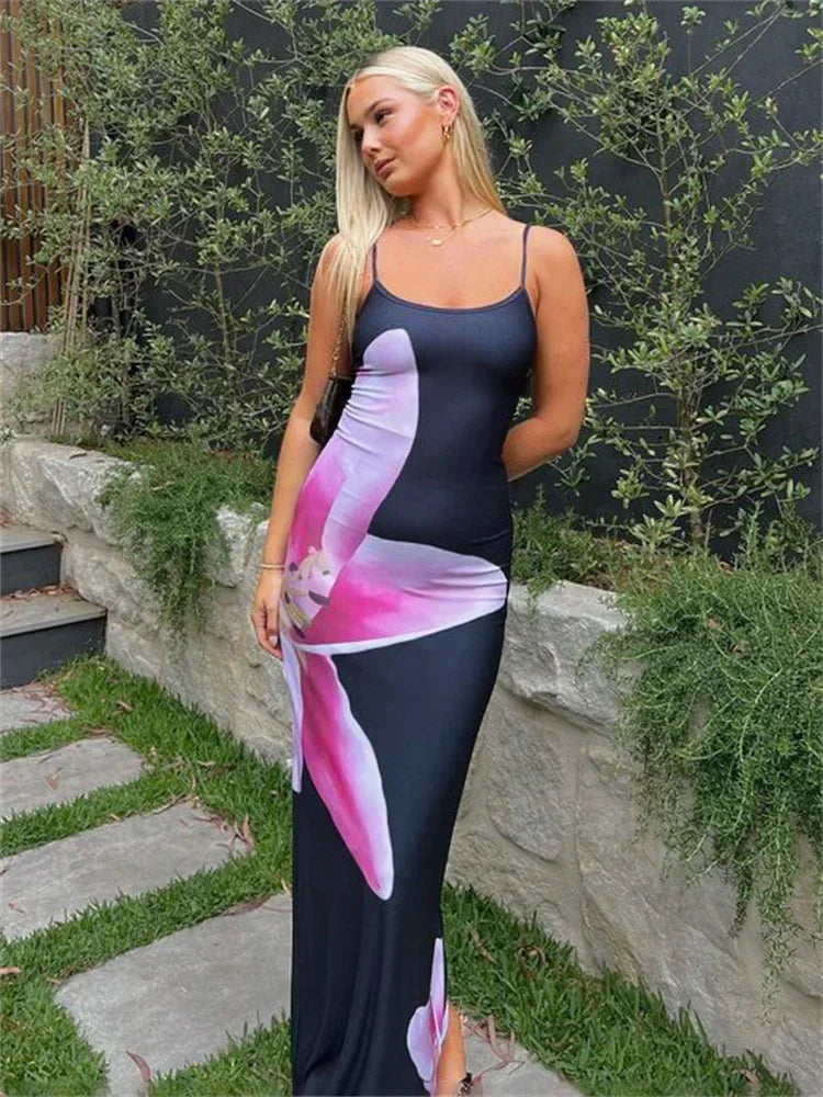 Elegant Printed Backless Long Dress Summer Women's Fashion Contrast Color Party Dress Patchwork Suspender Long Dress 2024 New
