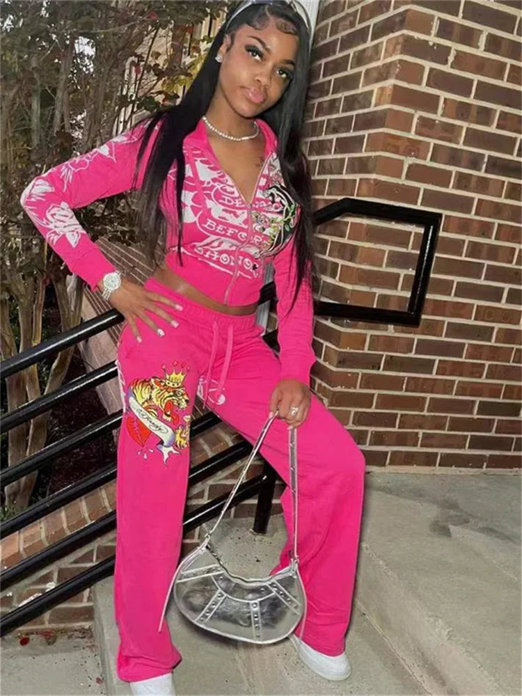 Spring 2 Two Piece Sets Casual Tracksuits Women Long Sleeve Zipper Crop Top+Baggy Pants Suits Club Rose Red Matching Outfits