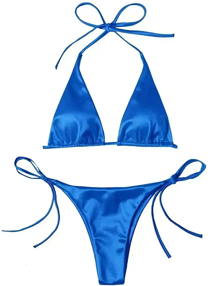 Halter Brazilian Metallic Satin Bikini  Swimwear, Swimsuit Two-pieces Bikini Set High Cut Bathing Suit Swim Beachwear