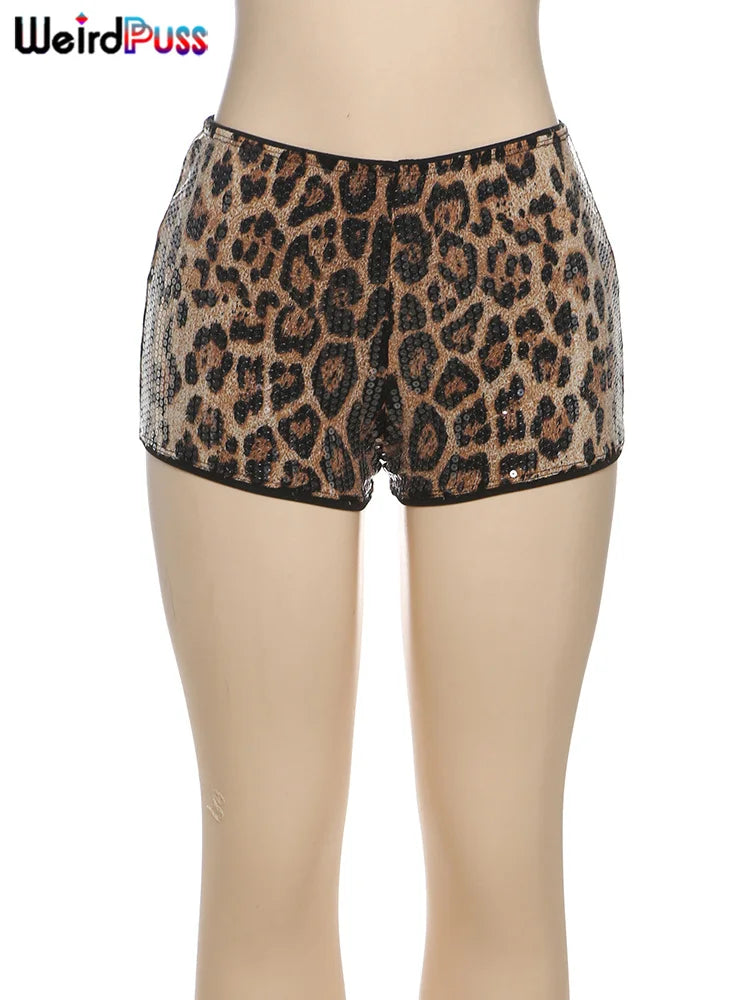 Weird Puss Leopard Print Mini Shorts Women Sequins Patchwork Wild Skinny Stretch Streetwear Autumn Midnight Sexy Trend Buttoms