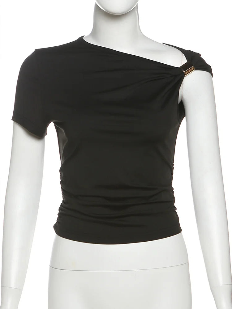 Weird Puss Irregular Off Shoulder T-Shirts Women Ruched Fashion Skew Collar Single Sleeve Daily Casual Solid Simple Streetwear