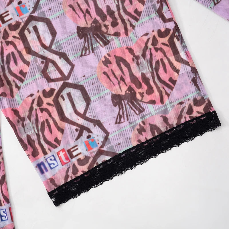 Weird Puss See Through Women 2 Piece Set Sexy Black-Edged Lace Sexy Full Sleeve Crop Tops+Shorts Matching Club Stretch Outfits