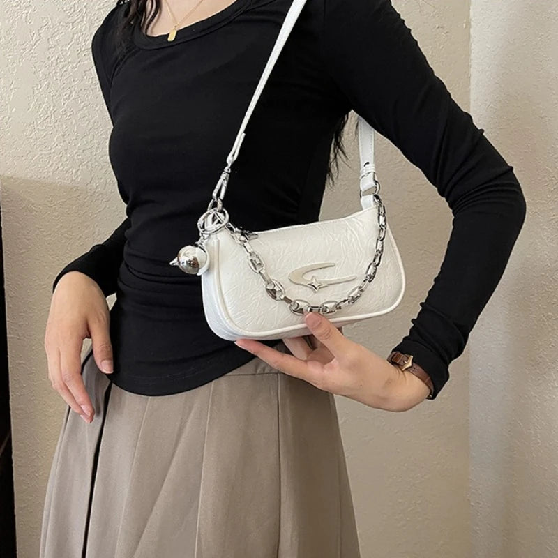Chic Textured Casual Tote Bag with Silver Chain Detail Underarm Bag Detachable Charm Trendy Mini Shoulder Purse for Women Daily
