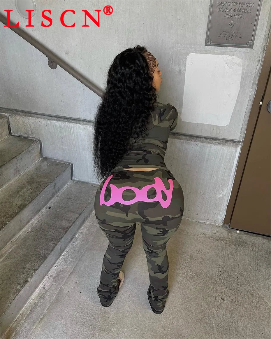10 Wholesale Fall Tracksuits Camouflage Printing Two Piece Set Womens Outfits Slim Long Sleeve Hooded Jackets + Pants K15697_2