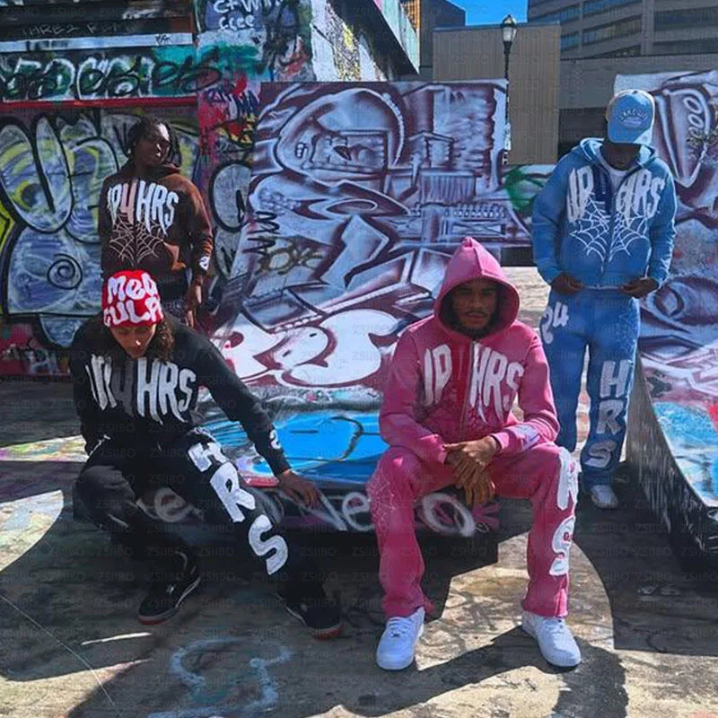 Retro Patch Spider Web Print Zipper Hoodie Y2K Sweatshirt Mens Hip Hop Letter Oversized Hoodie Jacket Clothes Streetwear Jacket