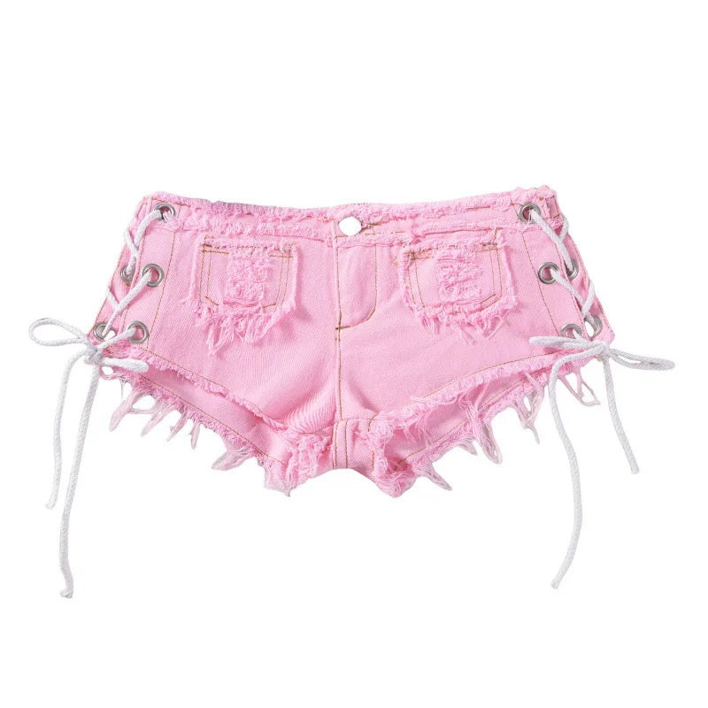 Women's Y2K Low Rise Denim Micro Shorts Lace-Up Side Frayed Booty Shorts for Rave Party Nightclub