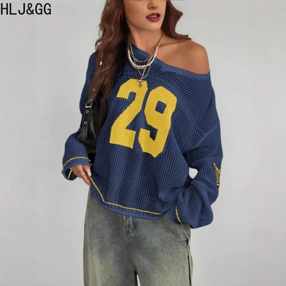 HLJ&GG Fashion Mesh Hollow Letter Printing Loose Tshirts Women V Neck Long Sleeve Sporty Street Tops Y2K Summer New Tees Wear