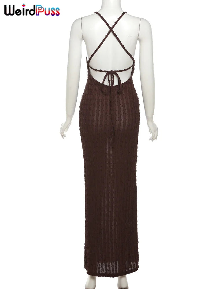 Weird Puss Backless Halter Dress Women Cross Bandage Sleeveless Sexy Elegant Skinny Stretch Wedding Party Maxi Bodycon Vestidos