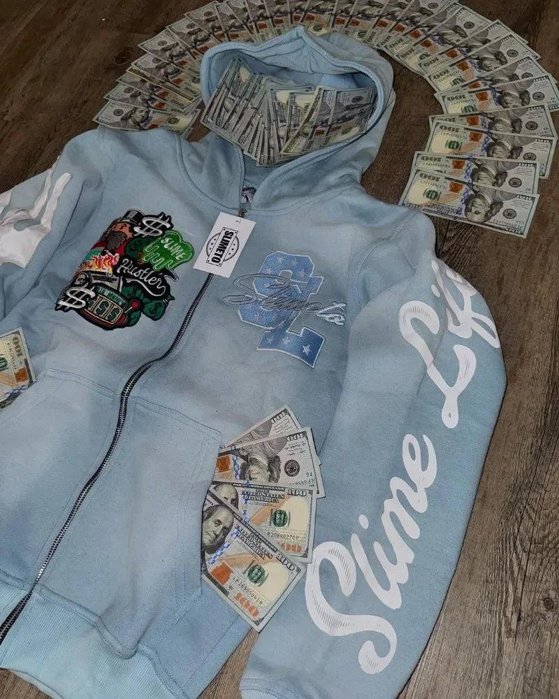 Harajuku Trend Brand Casual Loose Oversized Zipper Hoodie Men Y2k Gothic Retro Letter Flame Embroidered Sweatshirt Jacket Women