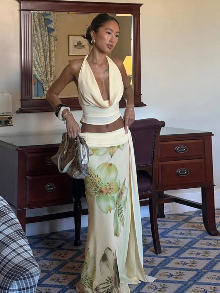 Weird Puss Elegant Women 3 Piece Set Stack Trend Halter Tops+Split Tassel Tassel+Flowers Mesh Skirts Matching Vacation Clubwear