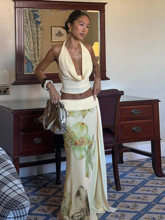 Weird Puss Elegant Women 3 Piece Set Stack Trend Halter Tops+Split Tassel Tassel+Flowers Mesh Skirts Matching Vacation Clubwear