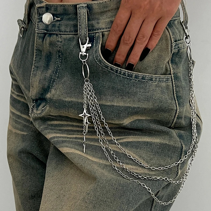 Salircon Punk Multilayer Metal Star Pendant Pant Chain Hip Hop Waist keychain Jeans Chain Women Trendy Jewelry Accessories Gifts