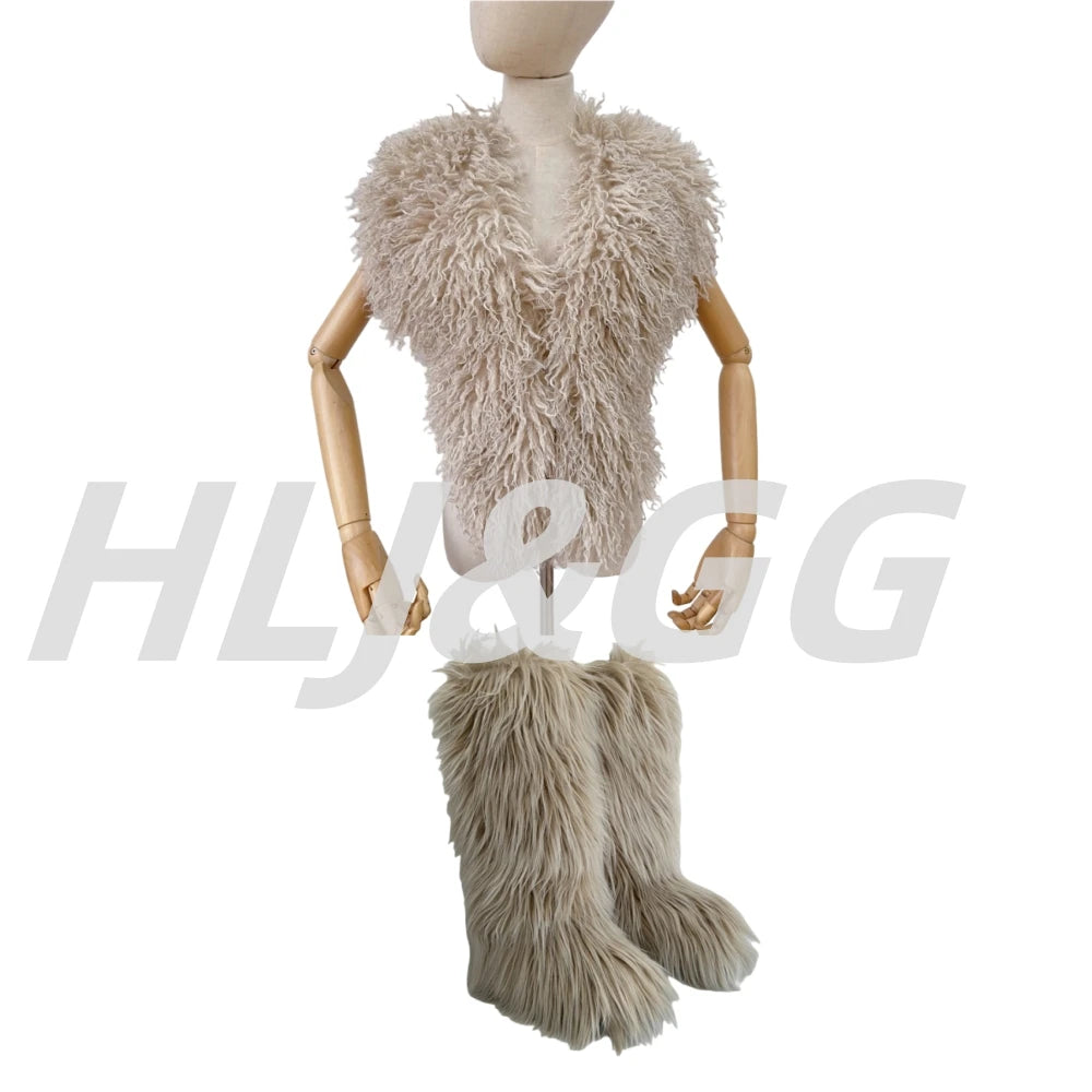 HLJ&GG Trend Y2K Two Piece Sets Women Fur Feather Halter Waistcoat Fashion Backless Lace Up Legs Cover Streetwear Clothing 2025
