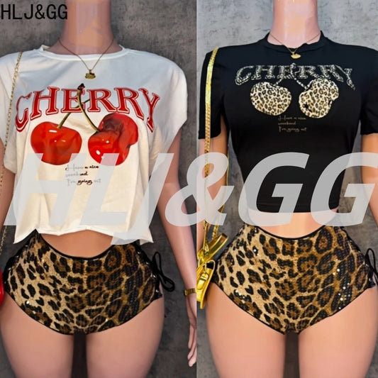 HLJ&GG Y2K Fashion Cherry Tshirts Two Piece Sets Women O Neck Short Sleeve Slim Crop Top + Bandage Sequin Leopard Shorts Outfits