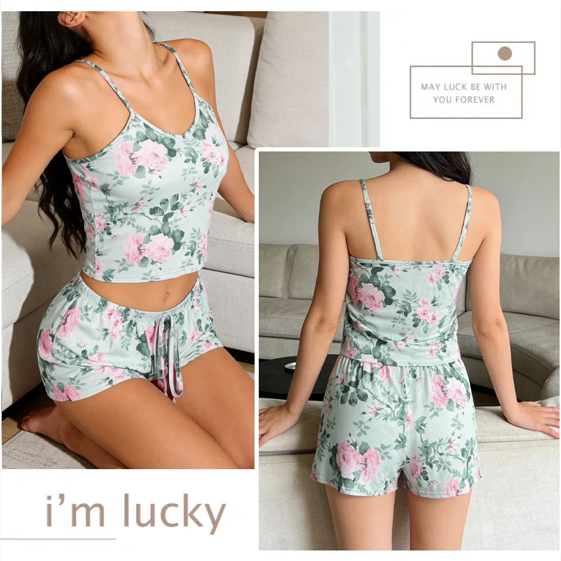 Women's Summer Printed Cami Sleeveless Top and Shorts Pajama Sets Female Soft Breathbale Nightwear Adjustable Belt Sleepwear New