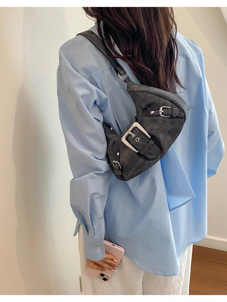 Vintage Tie-Dye Denim Underarm Bag Y2K Metal Buckle Pleated Commuting Versatile Handbag Crescent Small Shoulder Bag