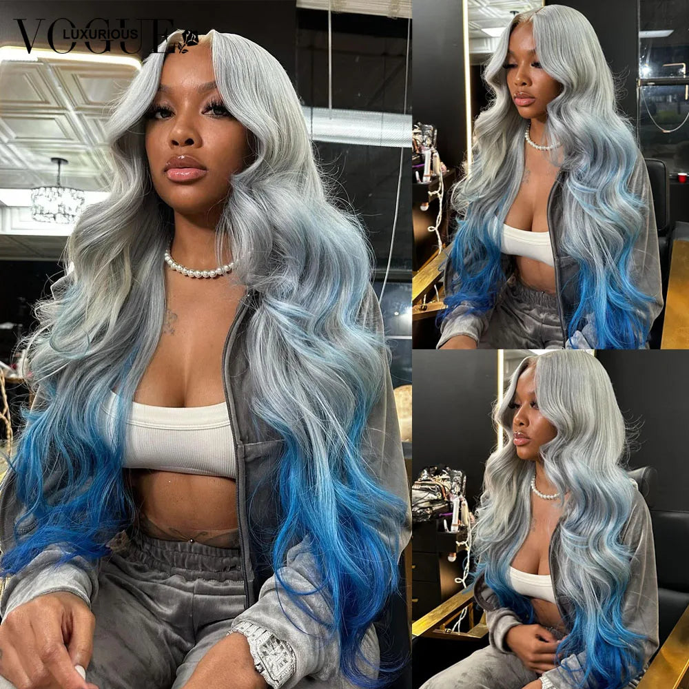 Omber Grey Blue Body Wave 100% Real Human Hair Wig 200% Density Pre Cut Remy Wigs Salon Hair Coloring Wig 13x6 Lace Front Wigs