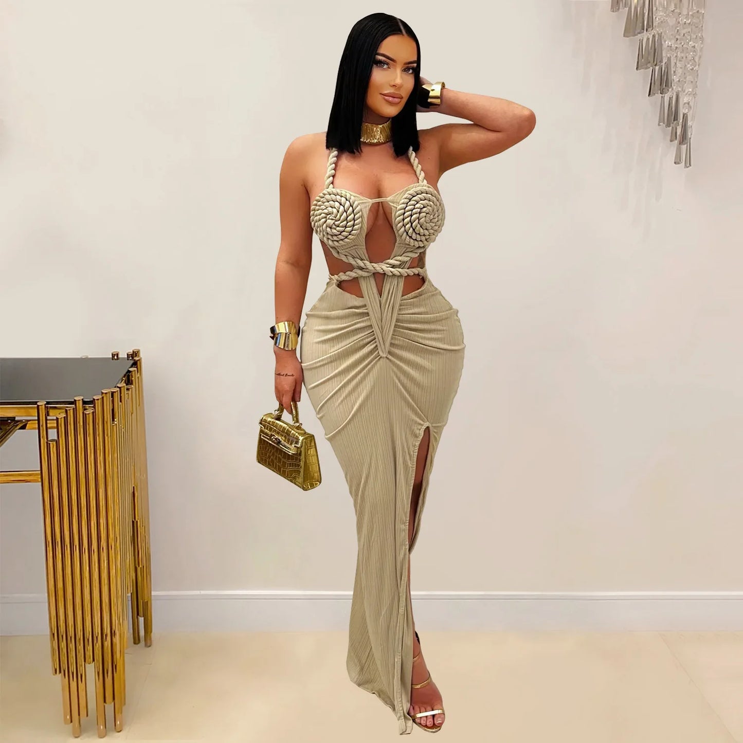 Weird Puss Sexy Plait Dress Women Summer Peach Buttocks Backless Sleeveless Split Hollow Midnight Party Clubwear Maxi Bodycon