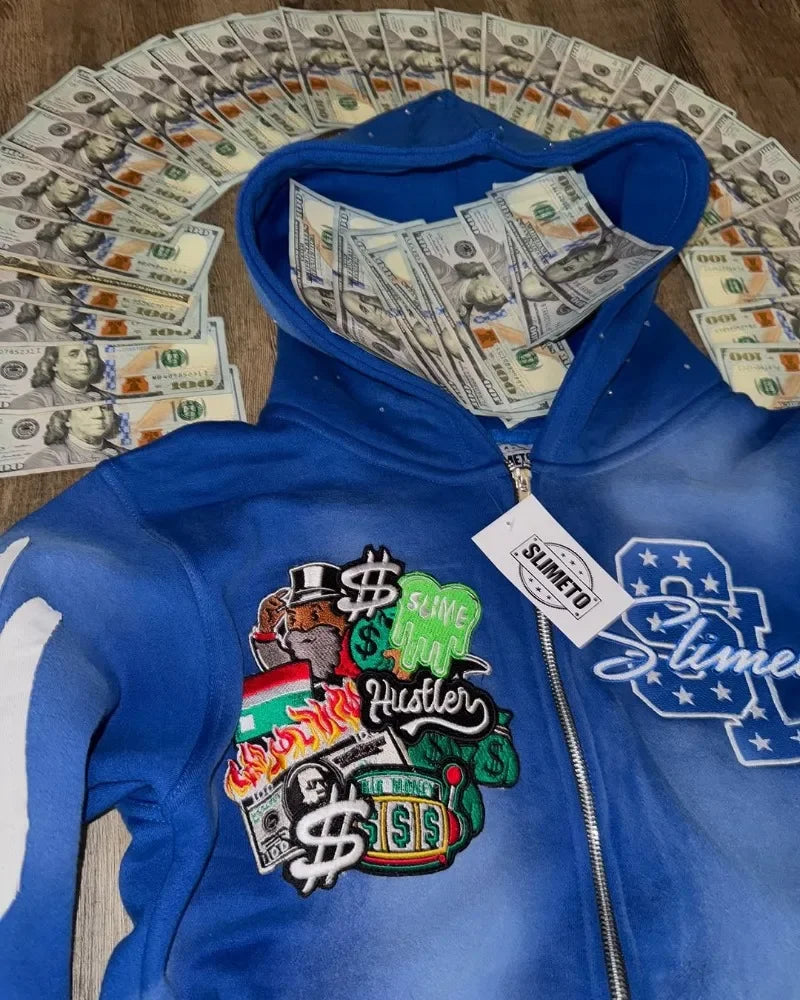 Harajuku Trend Brand Casual Loose Oversized Zipper Hoodie Men Y2k Gothic Retro Letter Flame Embroidered Sweatshirt Jacket Women