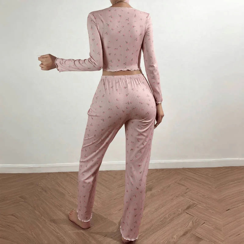 Autumn Winter Floral Print Pajamas Set for Women Sleepwear Long Sleeve Top and Long Pants 2 Piece Casual Homewear Loungewear