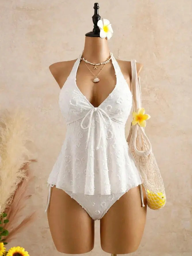 Sexy Front Tie Bikini Set 2026 Pink White V Neck Tank Top Tie Side Thong Swimsuit Summer Bathing Suit Holiday Two Piece Swimwear