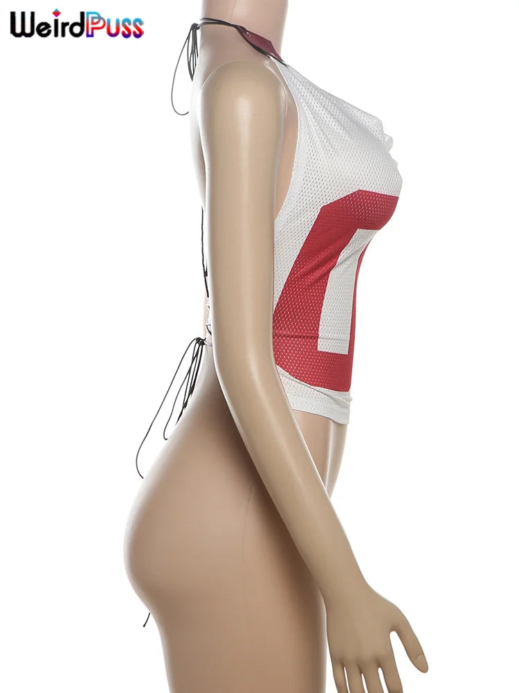 Weird Puss Mesh Halter Crop Tops Woman Summer Bandage Backless Patchwork Number Print Swing Collar Party Streetwear Skinny Vest