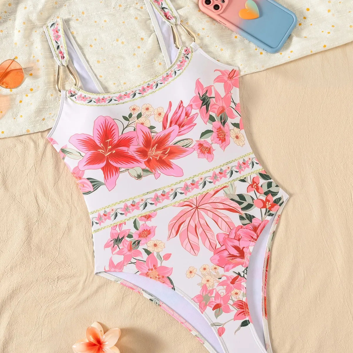 Pink Floral Print One-Piece Swimsuit Bikini Strap Sexy Beach Vacation Conservative Pure Desire Women's Casual Swimwear