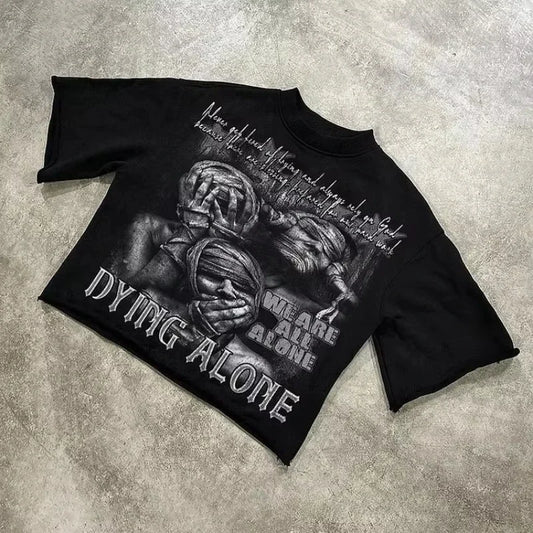 We Are All Alone Abstract Human Face Graphics Printed Cotton T-Shirt Men Y2K Short Sleeves Oversize Tshirt Streetwear Women Tops