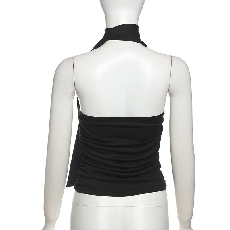 Nsauye Summer Women Casual Mini Skinny Black Y2K Fashion Ribbon Halter Crop Tops Sleeveless Sexy Club Strapless Tank Tops 2025