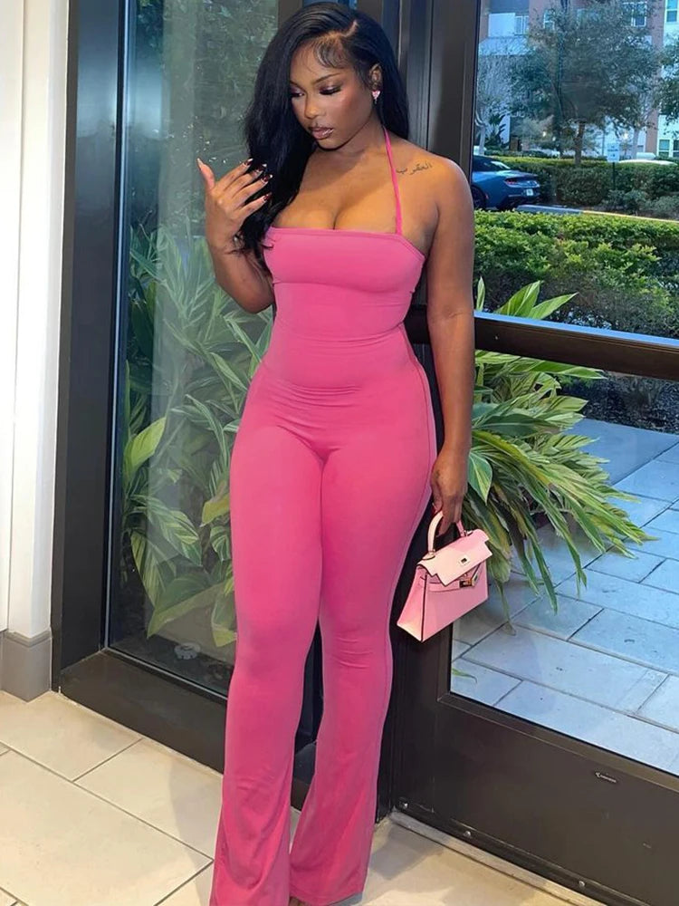 Hugcitar 2025 Spring Halter Solid Sleeveless Backless Sexy Bodycon Flare Pants Jumpsuit Women Casual Rompers Streetwear Festival