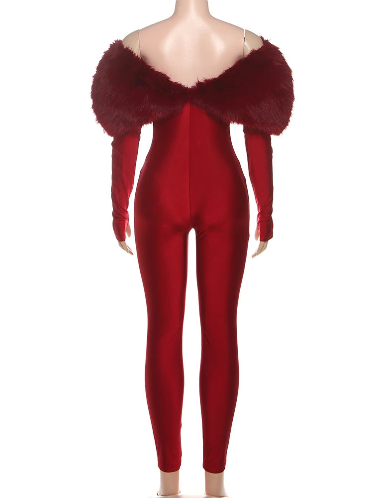 Furry Slash Neck Hollow Patchwork Jumpsuit — Women's Luxury