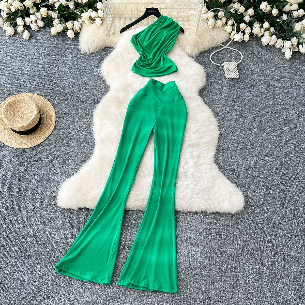 Chic Women Two-Piece Sets Vintage Diagonal Collar Sleeveless Pleated Top and High Waist Flare Pants Korean High Street Clothing