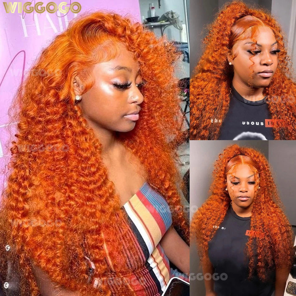 Wiggogo Orange Ginger Lace Front Wig Human Hair 30 Inch Curly Lace Front Human Hair Wig Deep Wave 13X4 13X6 Hd Lace Frontal Wigs