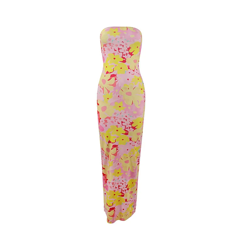 Women's Fashion Sexy Flower Print Strapless Long Dress Summer Vacation Elastic High Waist Slim Fit Party Evening Dress 2025