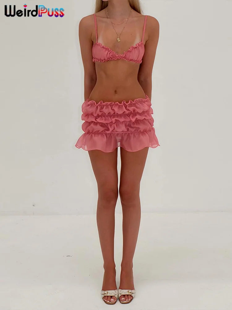 Weird Puss Ruffles 2 Piece Set Women Summer Vacation Beach Style Thin Camisole+Ruched Sexy Peach Hip Skirts Matching Clubwear