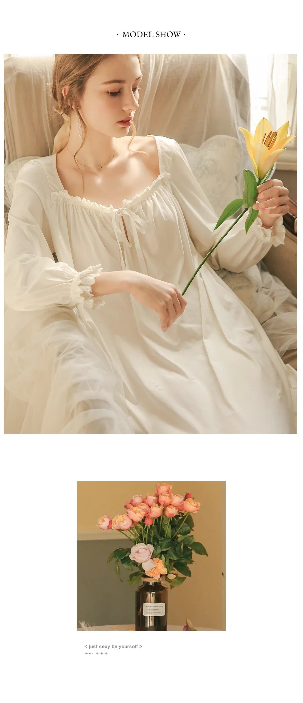 Women Cotton Spring Nightgowns Vintage Princess Nightdress Long Sleeve Loose Pajama Dress Ruffles Lace-up Victorian Sleepwear