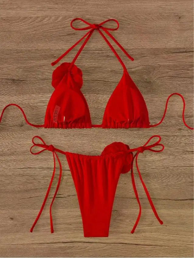 S - L Sexy 3D Flowers Halter Strappy Bikini, Swimwear Swimsuit Two-pieces Bikini Set Bather Bathing Suit Swim