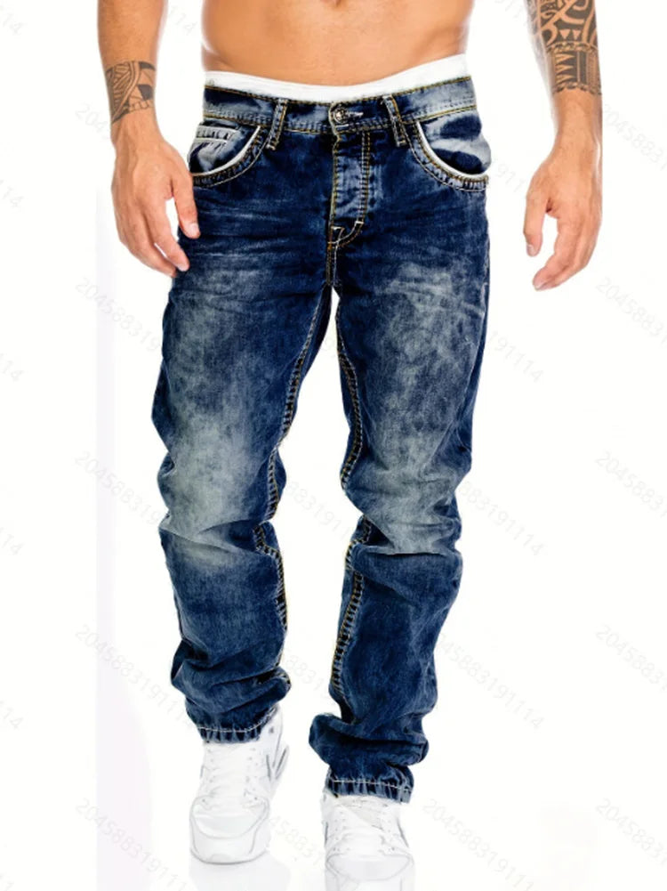 Vintage Wash Wash Straight Hip Hop Jeans Men Streetwear Casual Denim Cargo Pants Spring and Autumn Zipper Print Stretch Jeans