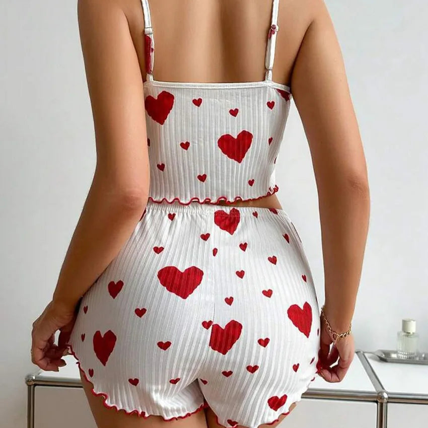 Cherry Temptation Home Love Print Flowing-Sleeve Short Pants for Casual Wearing, Women's Sleepwear Set