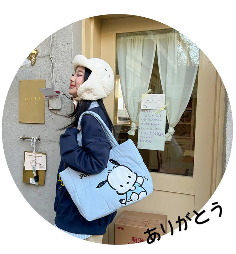 Sanrio Kawaii Hello Kitty Kuromi Tote Bags Cute My Melody Pochacco Cartoon Down Cotton Large Capacity Shoulder Bag Gifts Girls