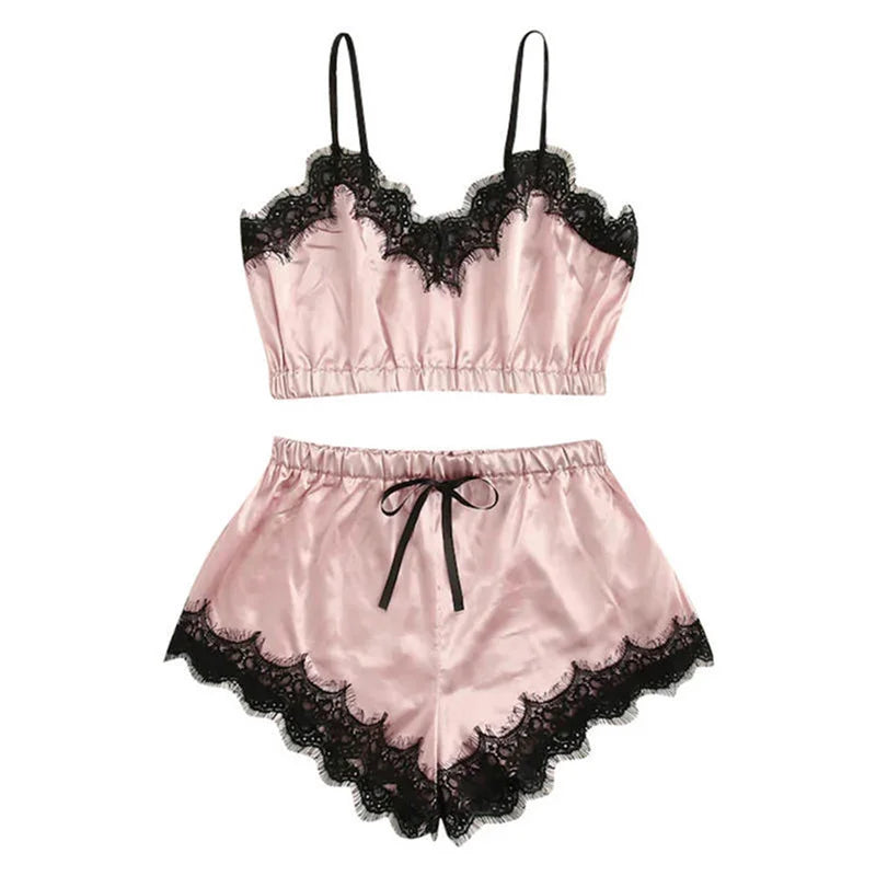 1set Lingerie Sexy Bra Set Women's Sleepwear Sleeveless Strap Lace Trim Satin Cami Tops Pajama Sets Bras Women Brief Sets