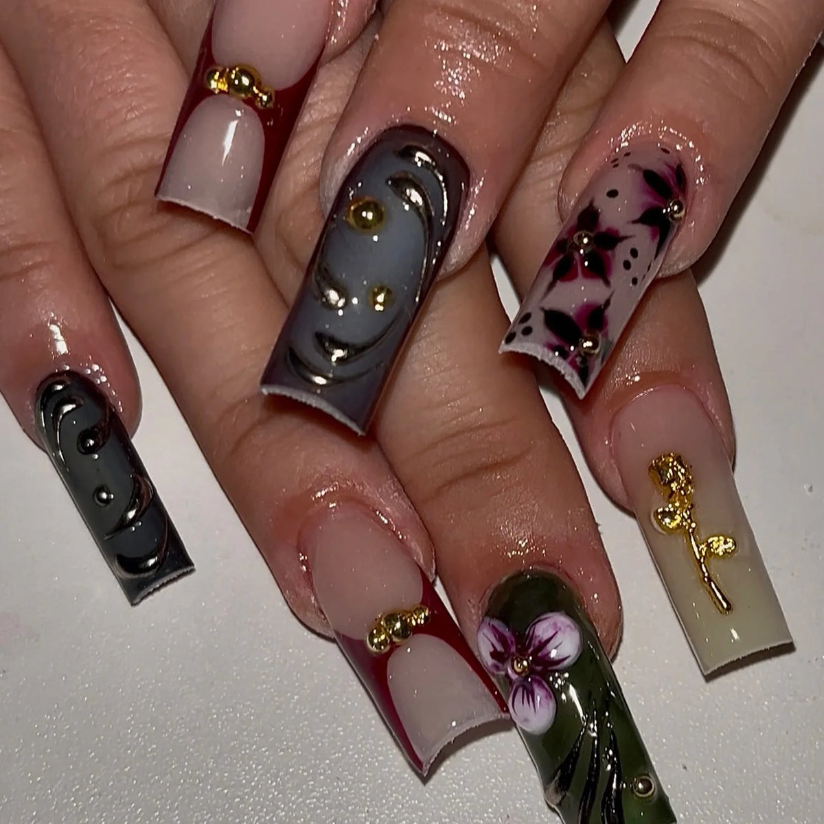 24Pcs Long Square Press on Nails Leopard Print French 3D Cherry Design False Nail Rhinestone Wearable Full Cover Fake Nails Tips