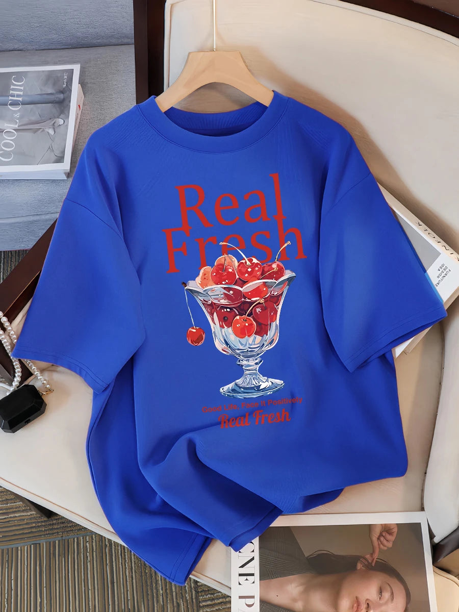 Real Fresh Cherry Fruit Cup Design Tee Shirts Female Comfortable Cotton T Shirt Fashion Casual Clothes Soft Street Short Sleeve